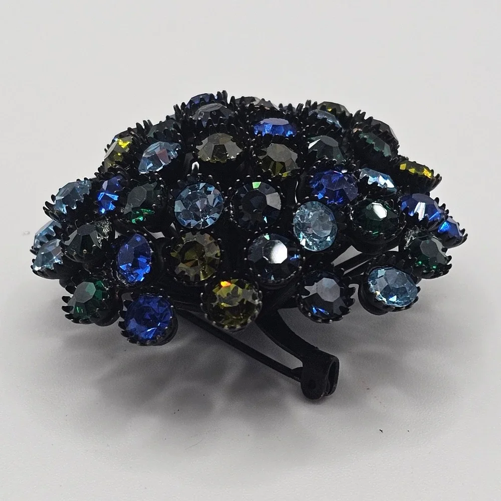 Vtg Rhinestone Brooch Dome Cluster Japanned Peacock Blue Green Statement 2